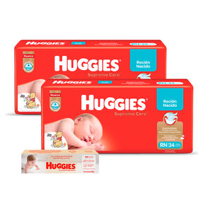 2 Packs Pañal Huggies Supreme Care Megapack RN + Crema Protectora Con Aceite De Almendras X 80 Gr