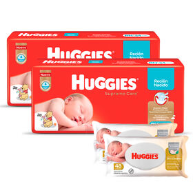 2 Packs Pañal Huggies Supreme Care Megapack Rn + 2 Packs Toallas Húmedas Con Oleo Calcáreo Deluxe x 80